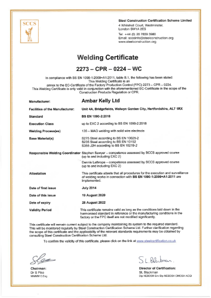 Steel Construction and Certification Scheme Ltd (SCCS): CE Welding Certificate FPC 2273-CPR-0224-WC - BS EN 1090-1: 2009-2011 