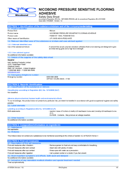 Nicobond Pressure Sensitive Flooring Adhesive Material Safety Data Sheet (MSDS)