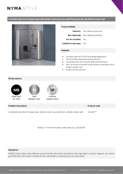 NymaSTYLE Concealed valve Doc M shower pack with stainless steel luxury concealed fixing grab rails and slimline shower seat