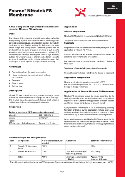 Nitodek FS Membrane Technical Datasheet