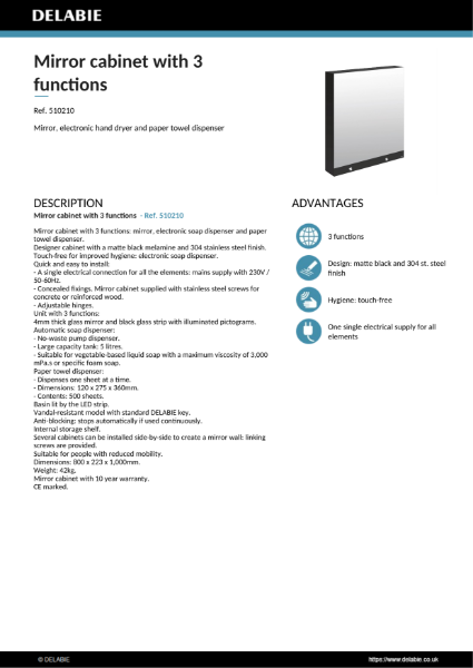 Mirror cabinet with 3 functions Product Data Sheet - Ref. 510210