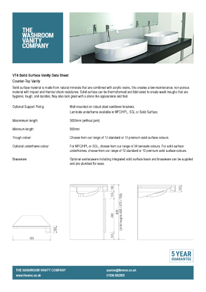 Solid Surface Vanity Top For Inset Basins Without Upstand - VT4