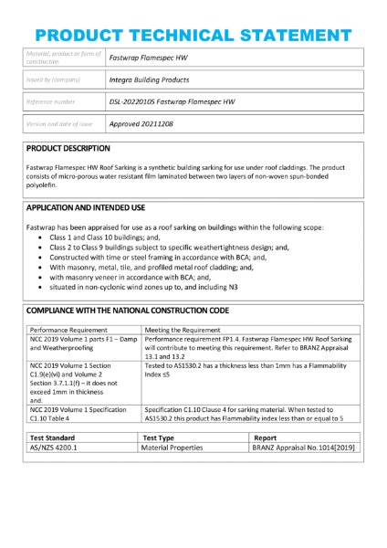 Fastwrap Flamespec HW Product Technical Statement