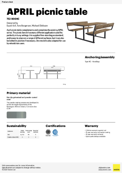 APRIL Picnic Table - 752-900HC