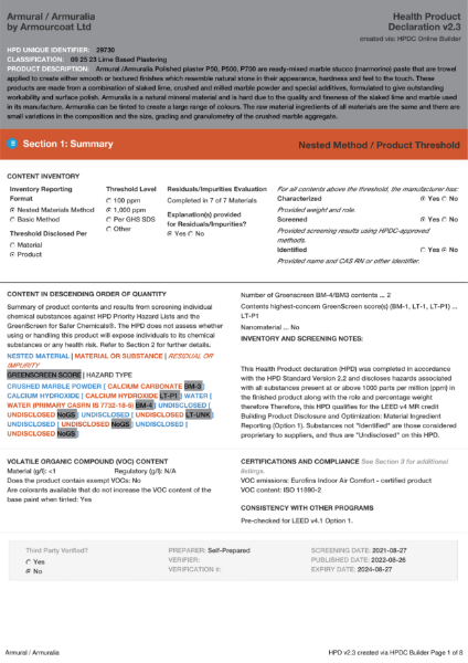 Armourcoat Polished Plaster Armuralia - Health Product Declaration