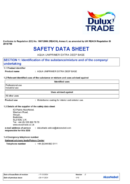DT Uniprimer Safety Datasheet Extra Deep Base