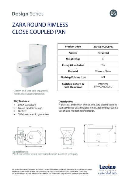 Zara Round Rimless Close Coupled WC Pan