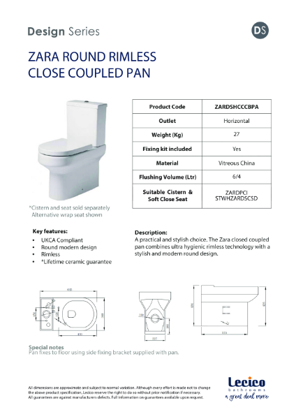 Zara Round Rimless Close Coupled Pan