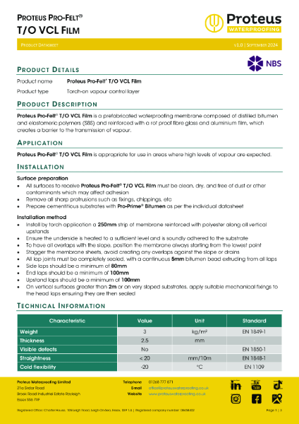 Product Data Sheet - Proteus Pro-Felt® TO VCL Film