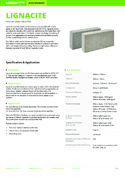 Lignacite Range Data Sheet