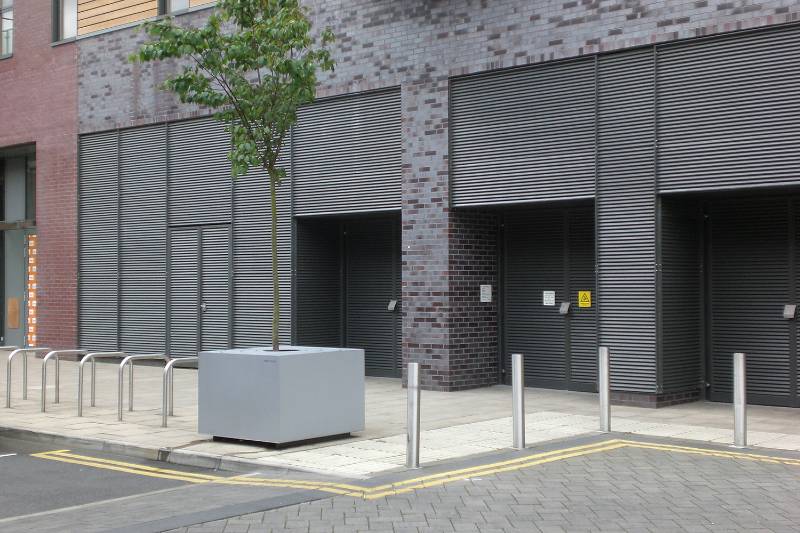 Louvred Wall Cladding for Electricity sub-stations at the Rock Shopping Centre in Bury