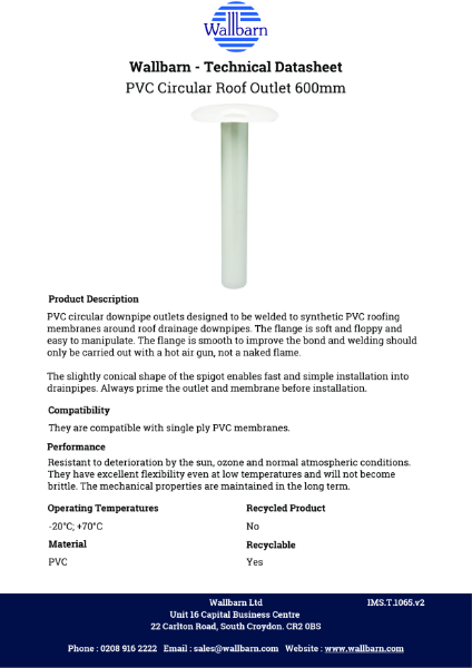 Datasheet - PVC Circular Downpipe 600mm (Smooth Flange)