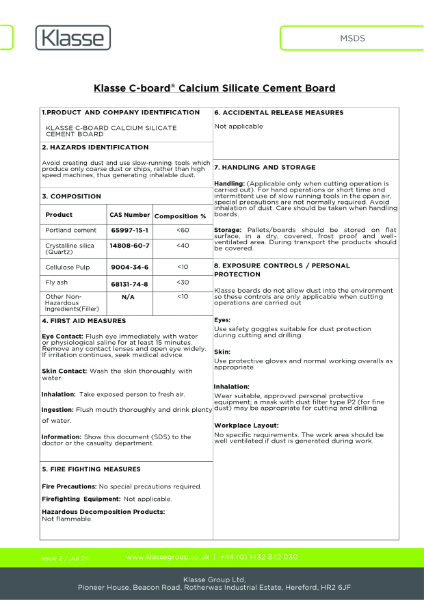 Klasse C-board Calcium Silicate Cement Board MSDS