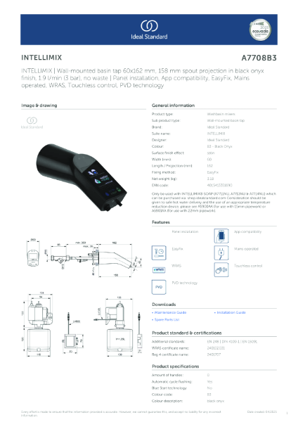 Intellimix Panel Mounted Basin Tap - Data Sheet