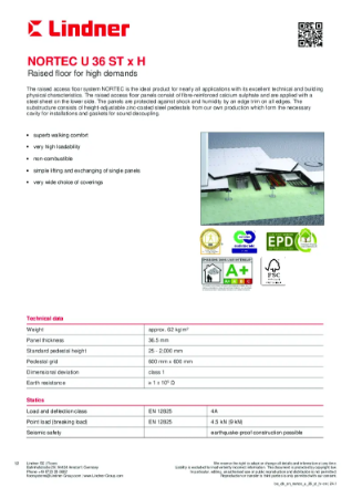 Calcium sulphate raised access floor - NORTEC - U 36 ST H - Data Sheet