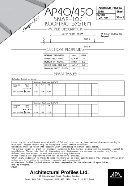 AP SnapLoc™ 40/450 -  Aluminium - Roofing & Cladding Data Sheet