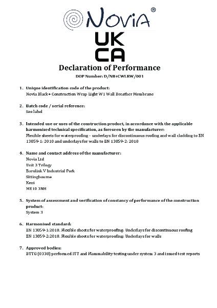 Novia®  Black + Construction Wrap Light Breather membrane Declaration of Performance