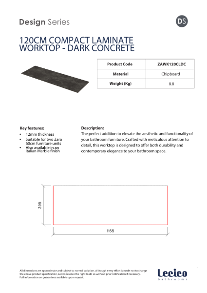 Zara 120 cm Width 12 mm Compact Laminate Worktop - Dark Concrete