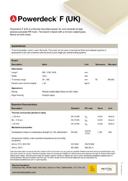 Powerdeck F flat roof insulation technical datasheet