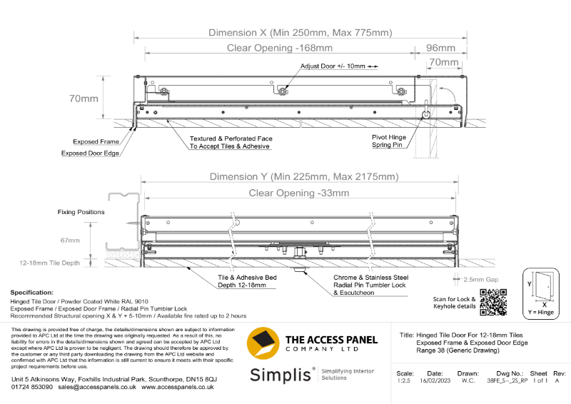Exposed Frame and Door Edge Hinged Tile Door for Tiles 12-18mm Thick Generic Technical Drawing