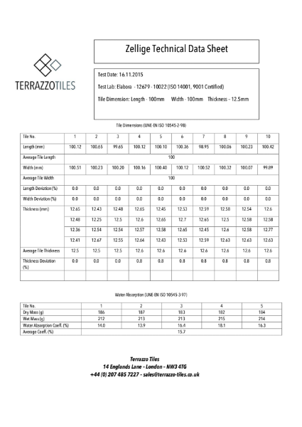 Zellige Tiles - Technical Data