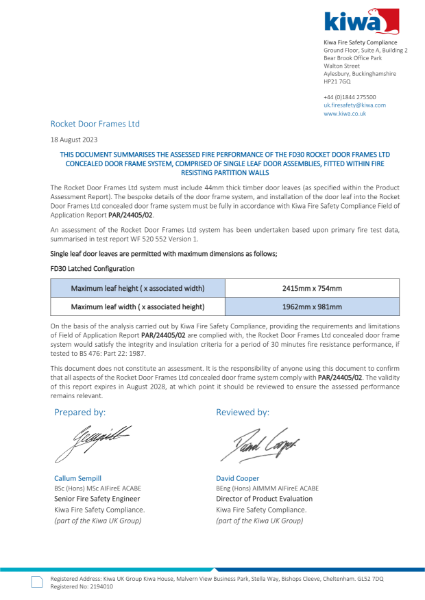 Ultra Flush Fire Door Certificate