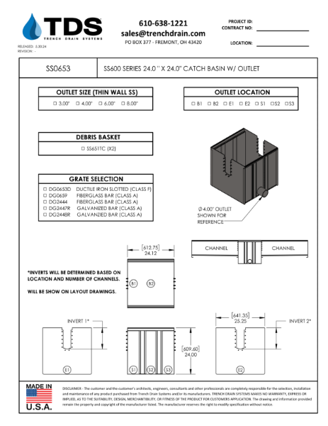 SS500, SS600, SS1200 Series 24" x 24" Catch Basin