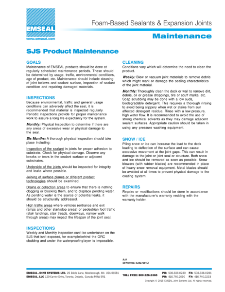 Emseal SJS Systems - Maintenance Sheet