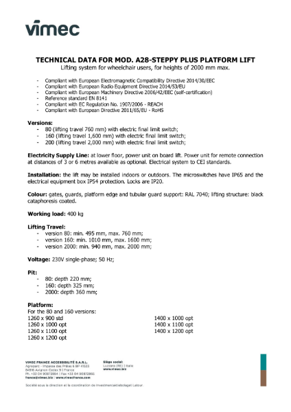 Platform Lift Steppy Plus by Vimec -  Data Sheet