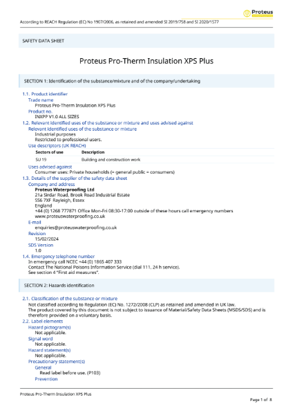 Material Safety Data Sheet - Proteus Pro-Therm XPS Plus