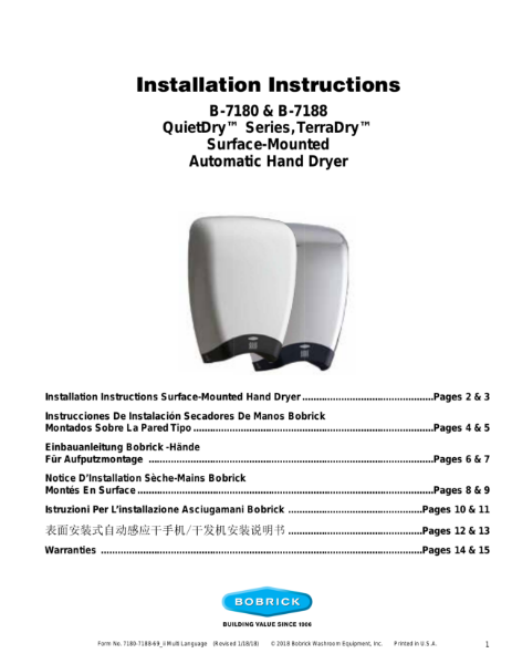 Installation Instructions - B-7180 & B-7188 QuietDry™ Series, TerraDry™ Surface-Mounted Automatic Hand Dryer