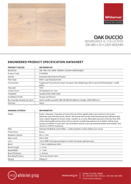 280-480 x 20 x 2000-4000mm Renaissance Oak Duccio XL Plank Spec Sheet