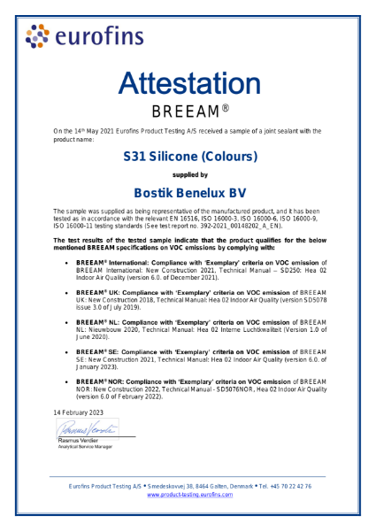 Bostik S31 Silicone (Colours) BREEAM Attestation