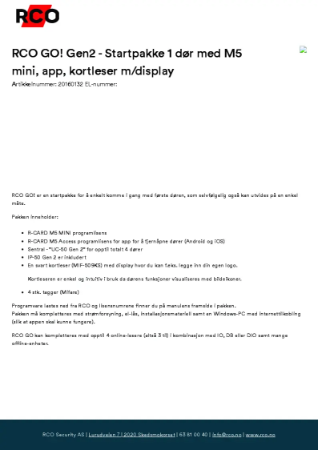 RCO GO! Gen2 - Startpakke 1 dør med M5 mini, app, kortleser mdisplay Produktdatablad