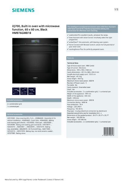 iQ700, Built-in oven with microwave function, 60 x 60 cm, Black HM976GMB1B