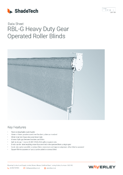 Data sheet ShadeTech RBL-G gear operated roller blind
