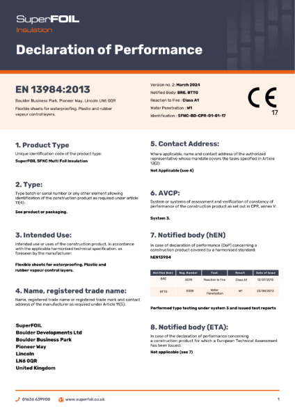 SFNC Declaration of Performance (DOP):  SFNC-BD-CPR-01-01-17