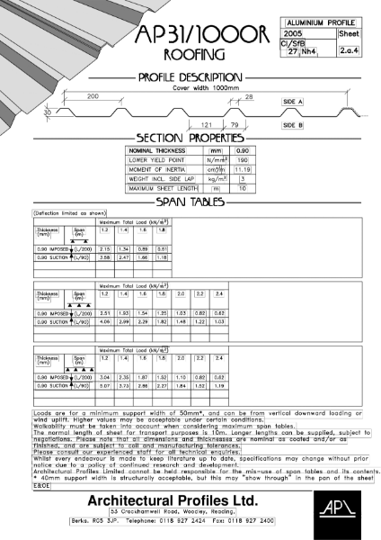 AP 31/1000R - Aluminium- Roofing Data Sheet