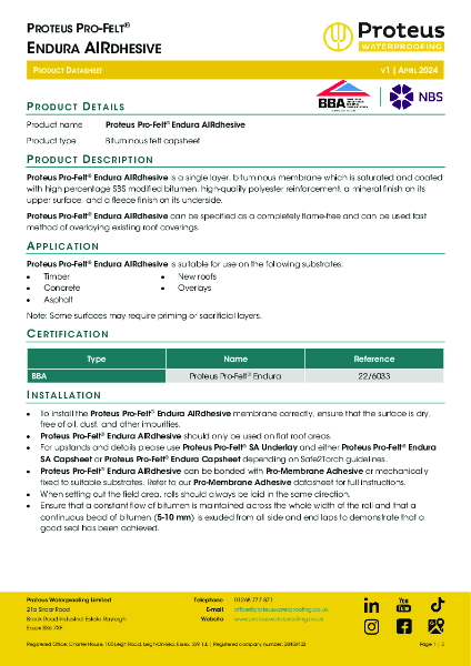 Product Data Sheet - Proteus Pro-Felt® Endura AIRdhesive