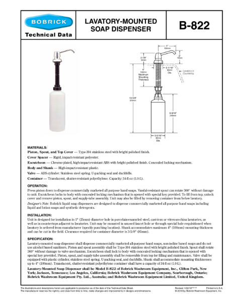 Lavatory-Mounted Soap Dispenser - B-822