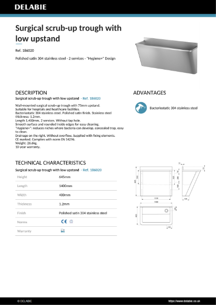 Surgical Scrub-Up Trough, Low Upstand Product Data Sheet -186020