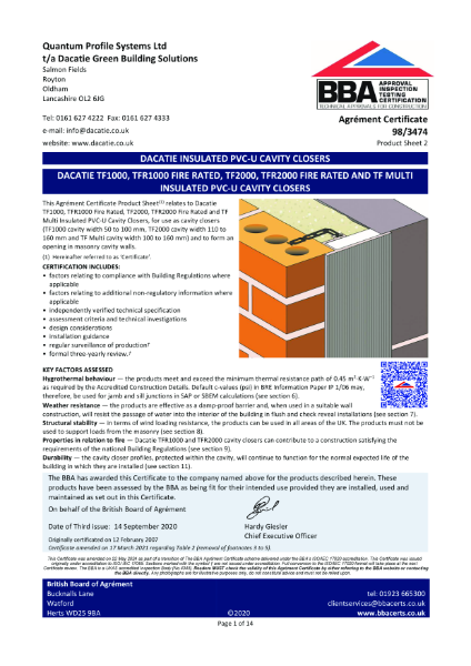 BBA Cert: Dacatie XFR2000 and CXFR2000 Fire Rated Insulated PVC-U Cavity Closers