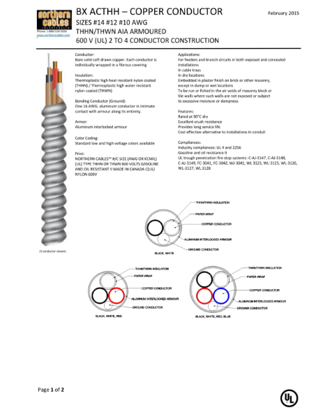 ACTHH-BX Copper Circuit Size 600 Volts