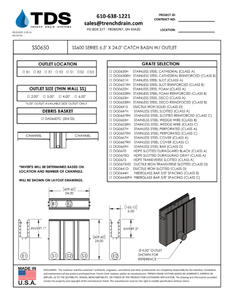 SS500,  SS600, & SS1200 Series 6" x 24" Catch Basin