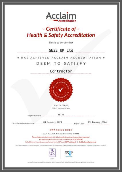 Acclaim Certificate of Health & Safety Accreditation 