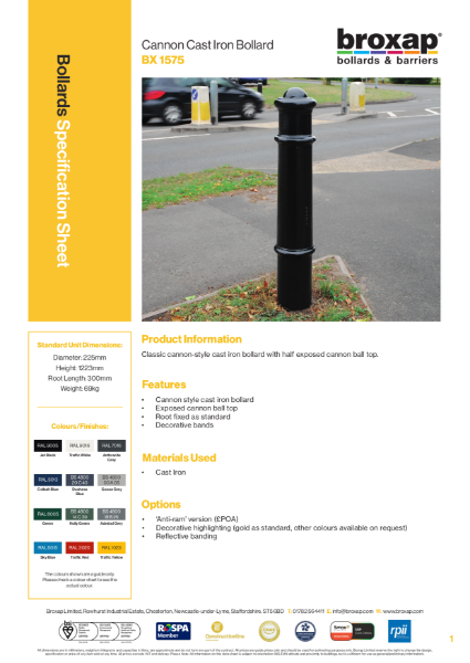 Cast Iron Cannon Bollard Specification Sheet