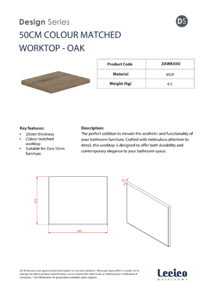 Zara 50 cm Width 18 mm Worktop - Oak