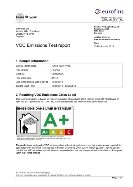 VOC Emissions Test report 100% tufted carpet tile