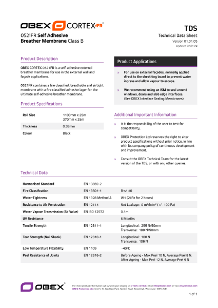 OBEX CORTEX 0521FR Class B Self-Adhesive Breather Membrane - W1 - TDS