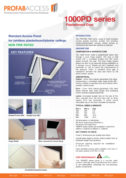 Profab PRIMA 1000 Series Wall Access Panel Non-Fire Rated with Plasterboard Door